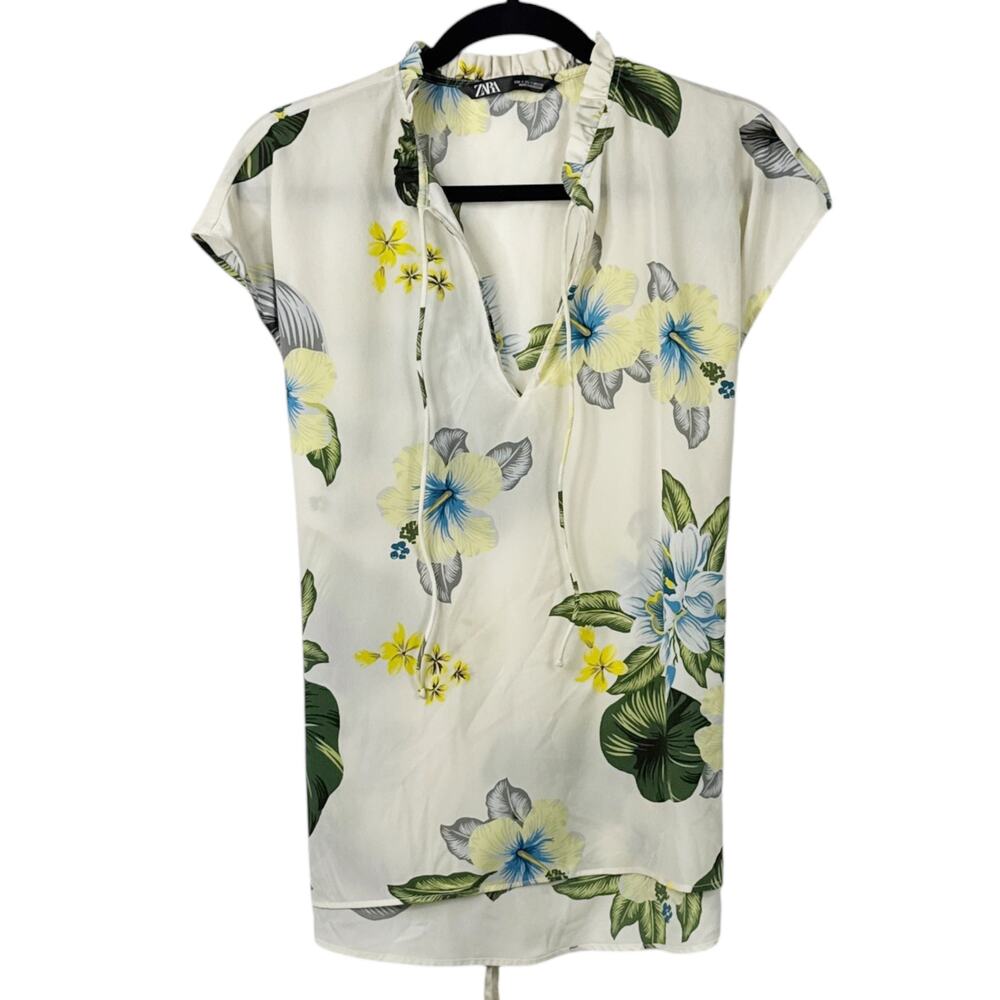 Zara‎ Floral Tie Neck Tunic Blouse Womens Small Ivory Tropical Print